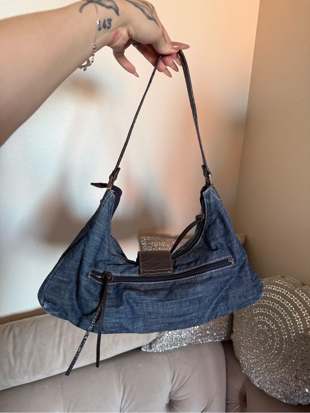 Guess Denim Shoulder Bag with Dark Brown Trim - Picture 3 of 11